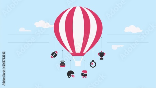 Flat vector animation of a hot air balloon with floating sports icons.