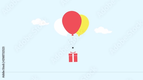 Minimalist animation of a gift box floating with colorful balloons.