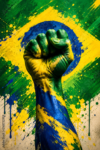 Raised fist painted in vibrant Brazilian flag colors stands strong against a textured background of messy yellow green blue splashes