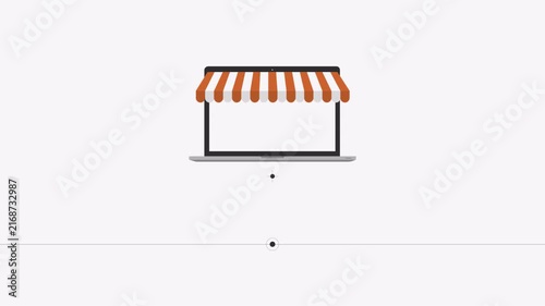 Minimalist flat design animation of an online shop storefront on a laptop screen.