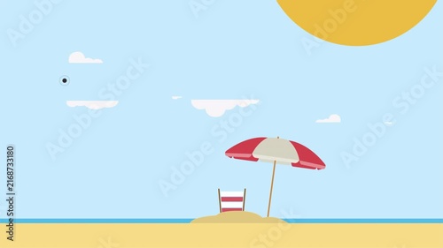 Minimalist flat vector animation of a sunny beach scene with umbrella and chair.