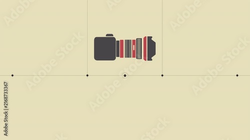 Minimalist graphic animation of a professional DSLR camera on a plain background.