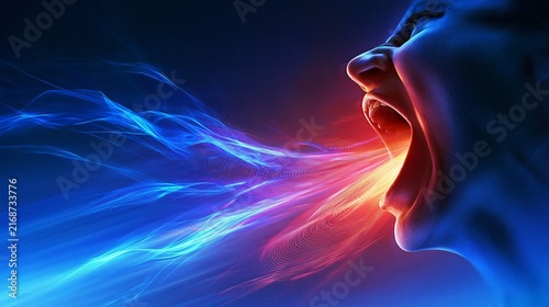 Person's open mouth releasing vibrant sound waves and energy, depicting anger and stress