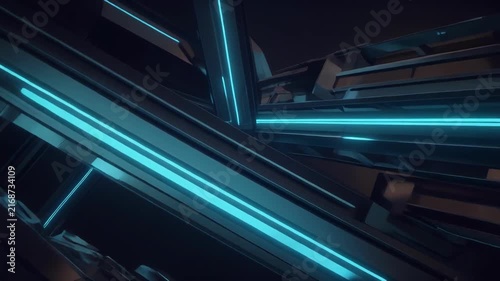 Close-up of modern building windows with blue lighting at night