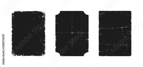 Set of three grunge rectangular frames with distressed edges, scratches, folds and worn paper texture. Vintage elements for posters, collages and graphic design.