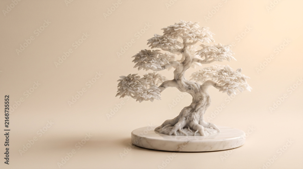 Fototapeta premium Elegant white marble bonsai tree sculpture on a marble base