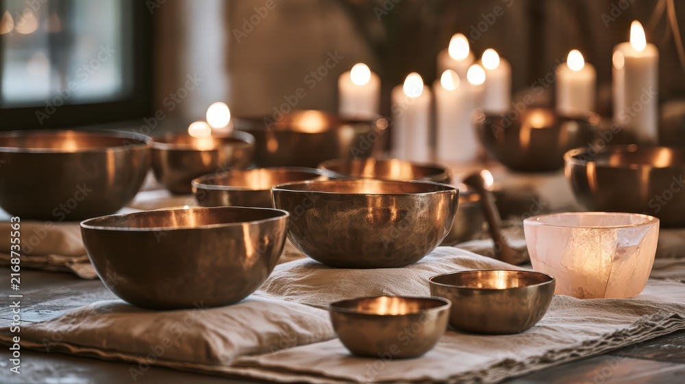 Fototapeta premium Sound bath therapy session with polished singing bowls in a restrained editorial style with open space