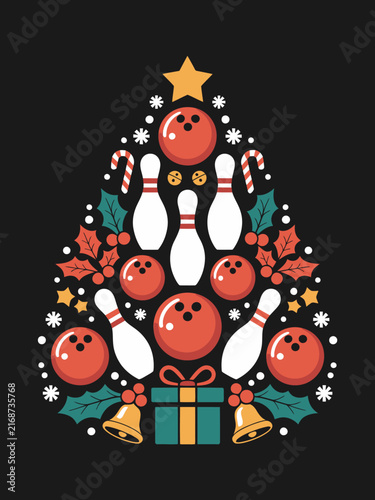 Christmas tree made of bowling balls, pins, holly, candy canes and a star