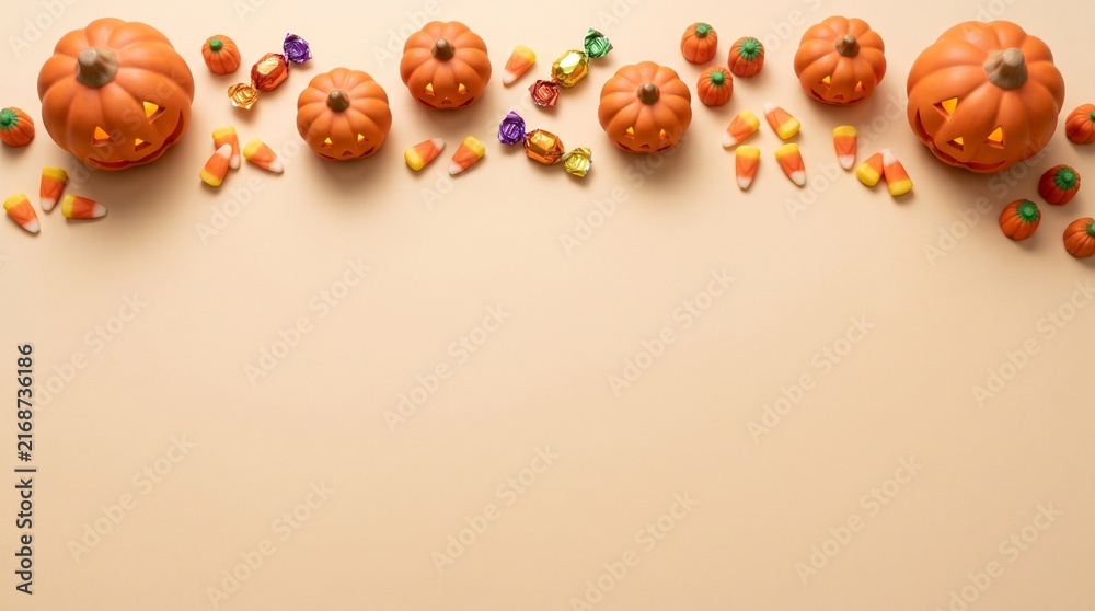 Fototapeta premium Festive Halloween pumpkin and candy border, vibrant autumn holiday treats, seasonal fall celebration background, decorative design element for spooky events.