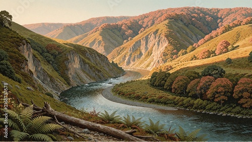 Autumn River Valley Landscape with Hills and Forest Illustration