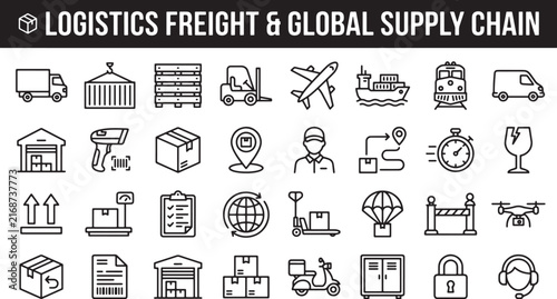 Logistics and global supply chain line icon set for shipping delivery and warehouse management vector illustration