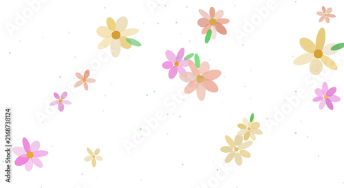 Gorgeous scattered pastel watercolor flowers with tiny green leaves. Gentle floating floral confetti overlay for romantic summer presentations. Transparent png cutout element object.