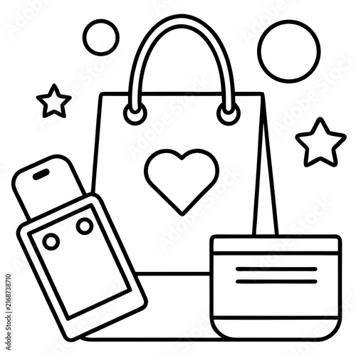 Online shopping concept with bag phone and cosmetic product in linear style