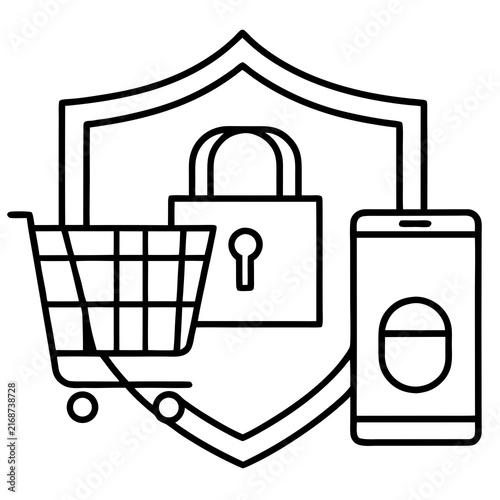 Secure online shopping concept with padlock cart and mobile phone line icons