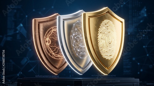 Cybersecurity concept with three metallic shields representing biometric authentication layers including retina scan face recognition and fingerprint identification on digital secure platform backdrop