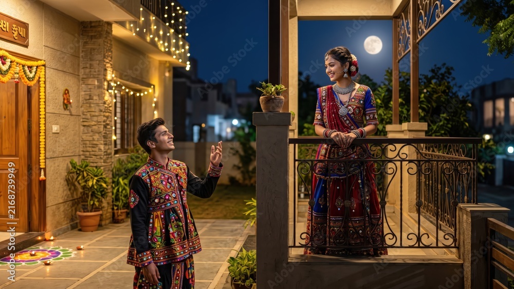 Fototapeta premium Gujarati Boy and Girl Under Full Moon During Garba Festival 