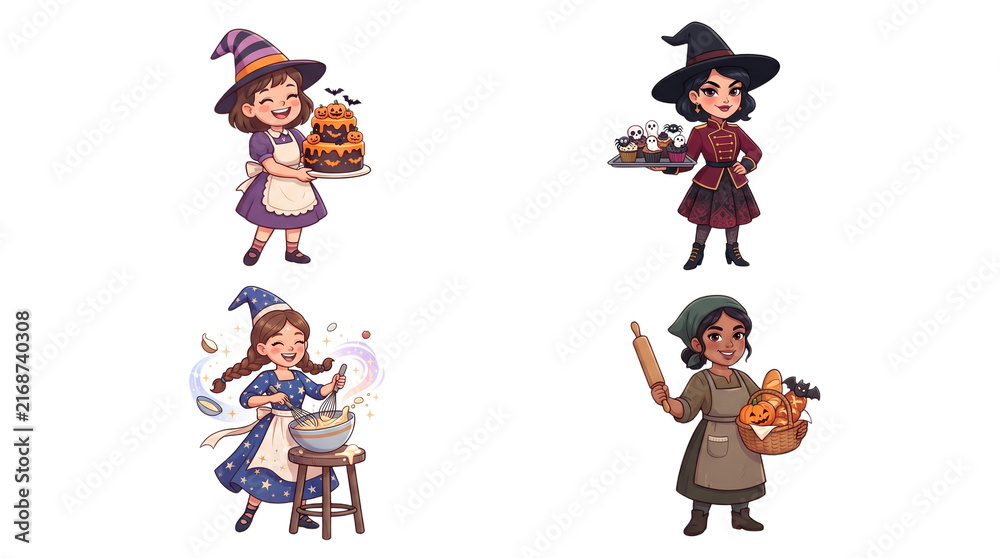 Obraz premium Cute Witch Baker Halloween Character Collection with Four Different Bakery Designs