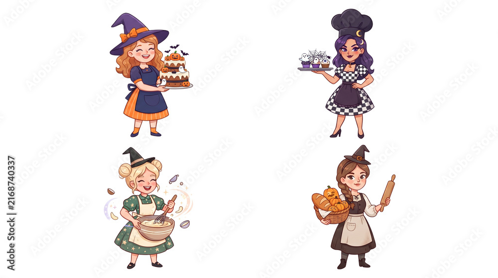 Fototapeta premium Cute Witch Baker Halloween Character Collection with Four Different Bakery Designs