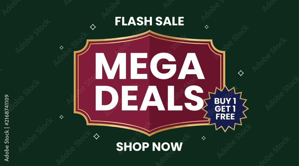 Fototapeta premium A vector design layout for a flash sale promotional graphic featuring bold mega deals text and a buy one get one free offer on dark background