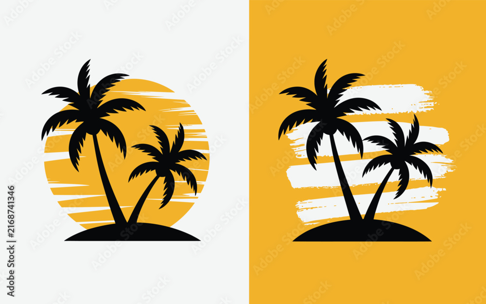 Fototapeta premium Tropical island silhouette with palm trees and round sunset background vector