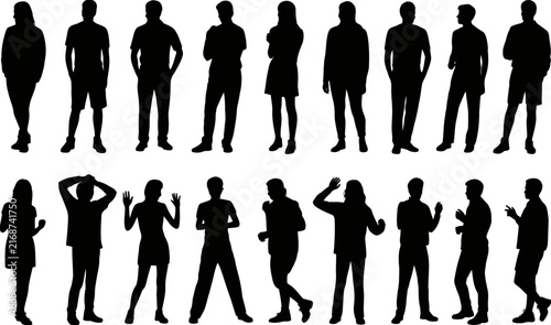 Silhouette of a diverse group of people, men and women, standing in various casual poses, collective crowd on white background.
