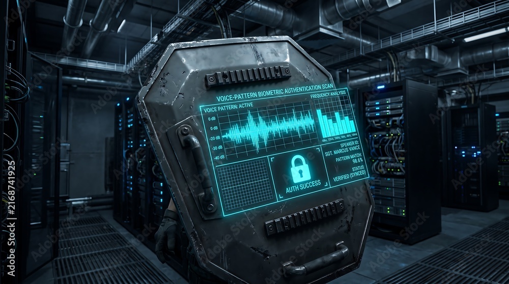 Fototapeta premium Cybersecurity data center server room with digital interface, holographic security lock on industrial metal panel, futuristic cloud computing infrastructure for network protection. Transparent