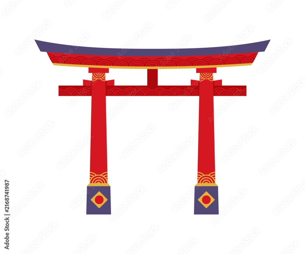 Fototapeta premium Japanese pagoda red torii gate, Japan travel, holiday and architecture icon. Asian temple entrance arch. Traditional portal with curved roofing and columns. Tori sacred shinto shrine gateway building
