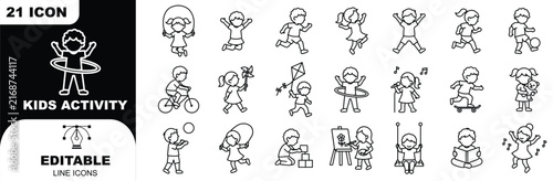 Kids Activities icons in line design. kids, activities, children, play, learning, fun, creativity on white background vector. Kids Activities editable stroke icon 