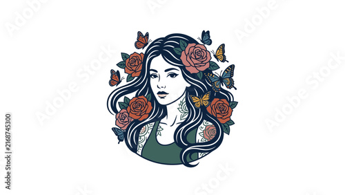 Colorful woman portrait butterflies roses.