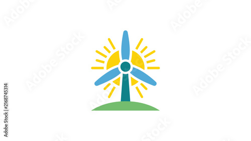Colorful wind turbine icon with sunburst for hybrid power.