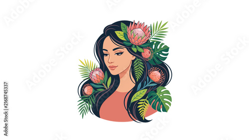 Colorful woman portrait with tropical protea flowers.