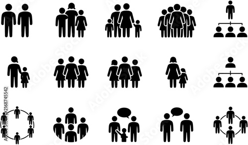 Large collection of people icons, representing family units, group teams, social networks, business hierarchies, and human communication for modern web designs.
