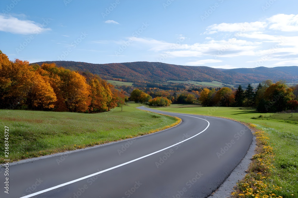 Obraz premium Scenic Country Road Weaving Through Autumn Trees and Rolling Hills Under a Blue Sky