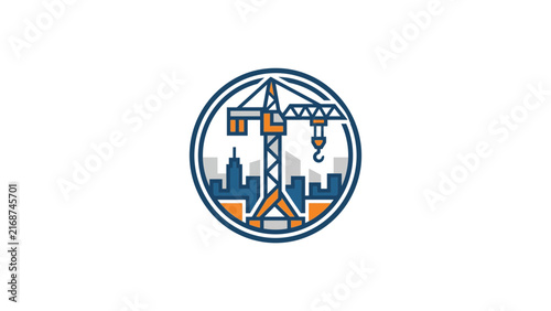 Construction tower crane icon with city skyline.