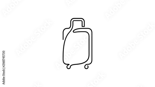 Continuous line drawing of a travel suitcase on wheels.