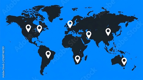 World map illustration with white markers placed on major continents on blue background representing global business presence and international locations for corporate logistics network