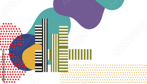 Colorful abstract collage with city skyscrapers, circular shapes, and retro patterns in a modern artistic style.