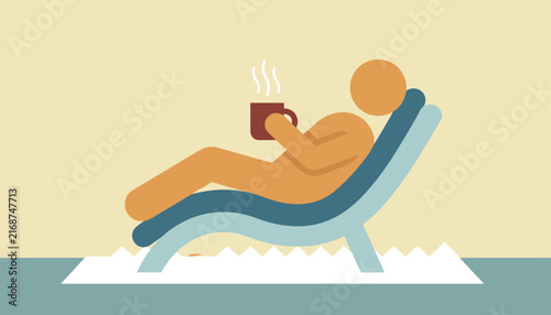 Relaxing person sitting on a lounge chair on the beach and holding a warm coffee cup, portraying a summer vacation.