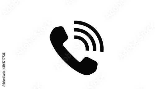 Black phone receiver icon with sound waves indicating an incoming call, customer service, or communication symbol.