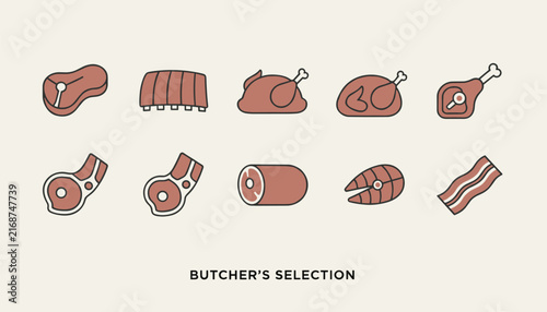 Butcher shop selection featuring a collection of fresh meat icons including steak, ribs, chicken, ham, and bacon.