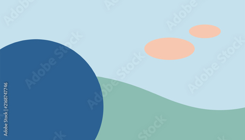 Minimalist abstract landscape background showing rolling green hills, a large blue planet circle, and soft orange clouds.