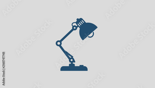 Classic adjustable metal desk lamp icon in dark blue color, symbolizing study, hard work, reading, and office.