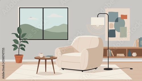 Cozy living room interior illustration featuring a comfortable armchair, window with mountain view, and a floor lamp.