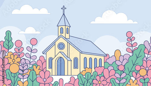 Lovely vector illustration of a small church surrounded by colorful plants and blooming flowers under a soft blue sky.