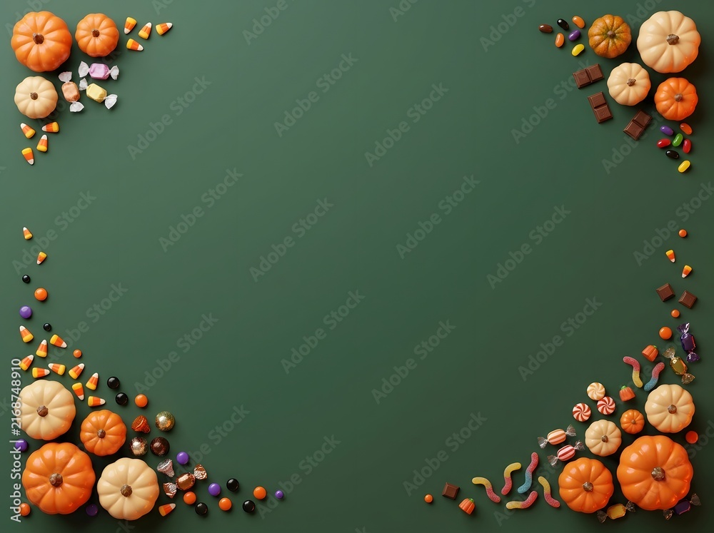 Fototapeta premium Festive halloween background featuring decorative pumpkins and autumn leaves arranged in the corners of a green surface