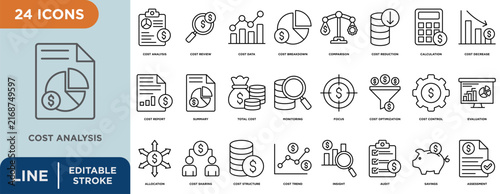 Фотография Cost analysis  line icon set with editable stroke for cost review, cost data, co