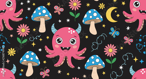 Fun seamless pattern showcases happy pink octopuses swimming among blue mushrooms and golden stars on a dark black background.