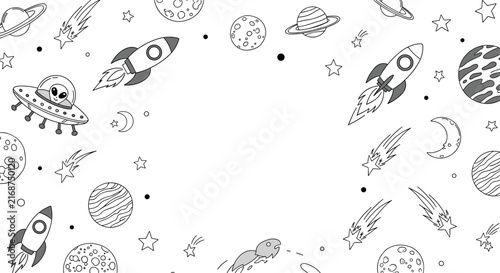 Exciting space coloring page for children shows rockets soaring past planets and a ufo piloted by a friendly little alien.