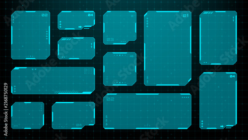 Cuadro en lienzo Futuristic hud transparent frames and interface panels on dark grid background