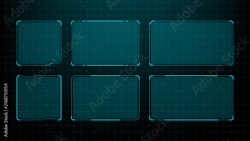 Futuristic hud frame set on digital grid background. Cyan neon rectangular border collection for sci fi interface. High tech holographic display template for game ui and virtual data screen concept